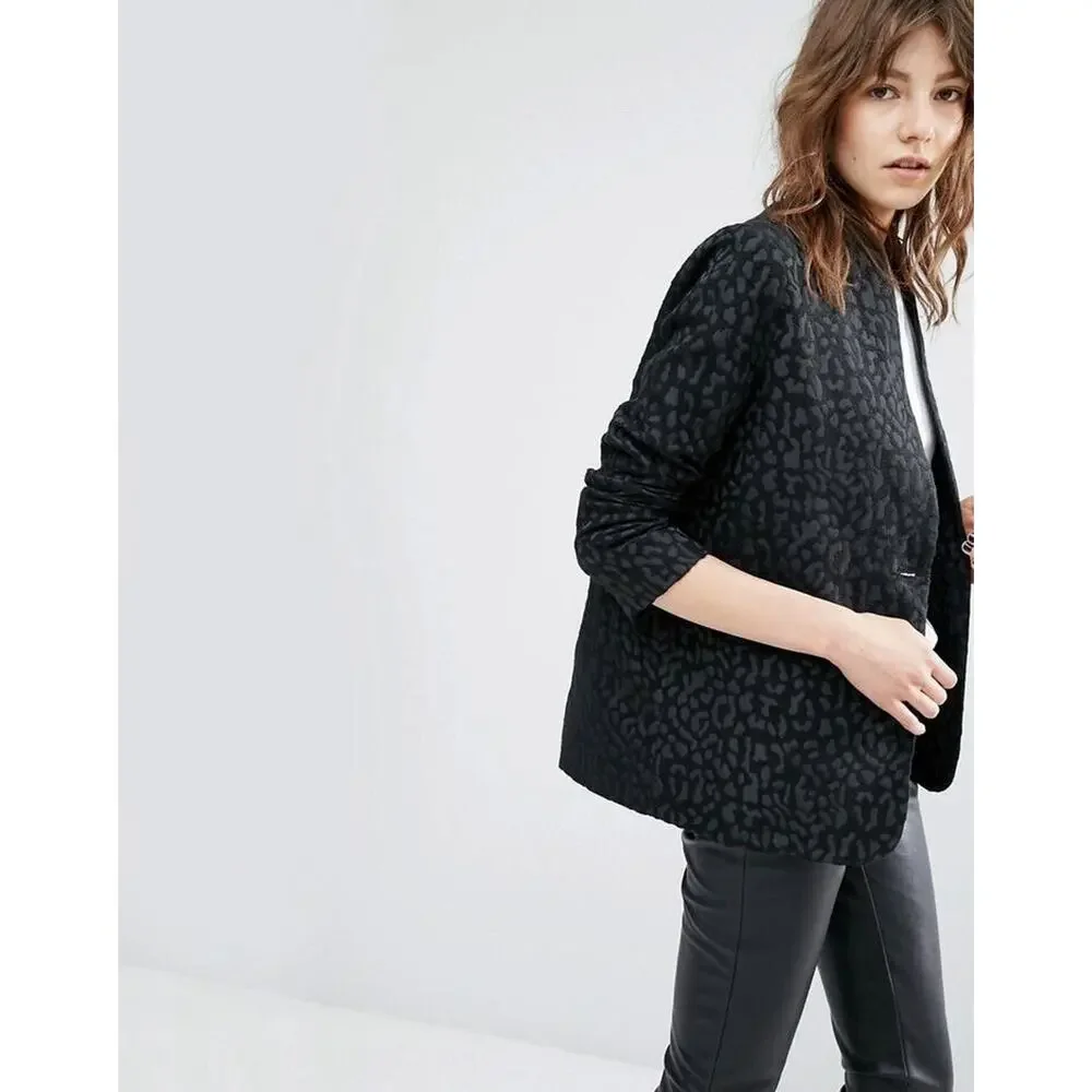 Suncoo Paris Manteau Edwin Black Leopard Print Blazer Jacket Size T0 (XS)